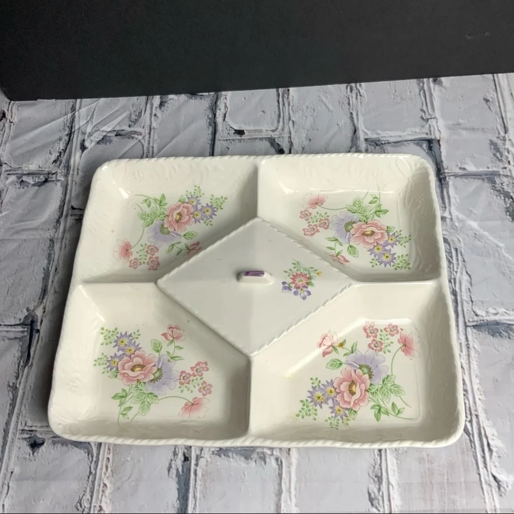 Vintage Porcelain Floral Divided Tray w Center Lid